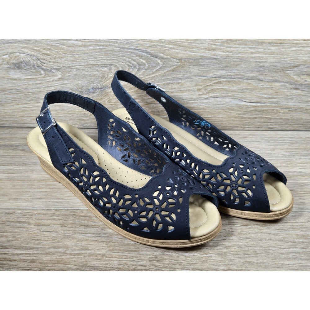 Spring Step Women Slingback Peep Toe Wedge Sandal Black leather US size 6 -Italy